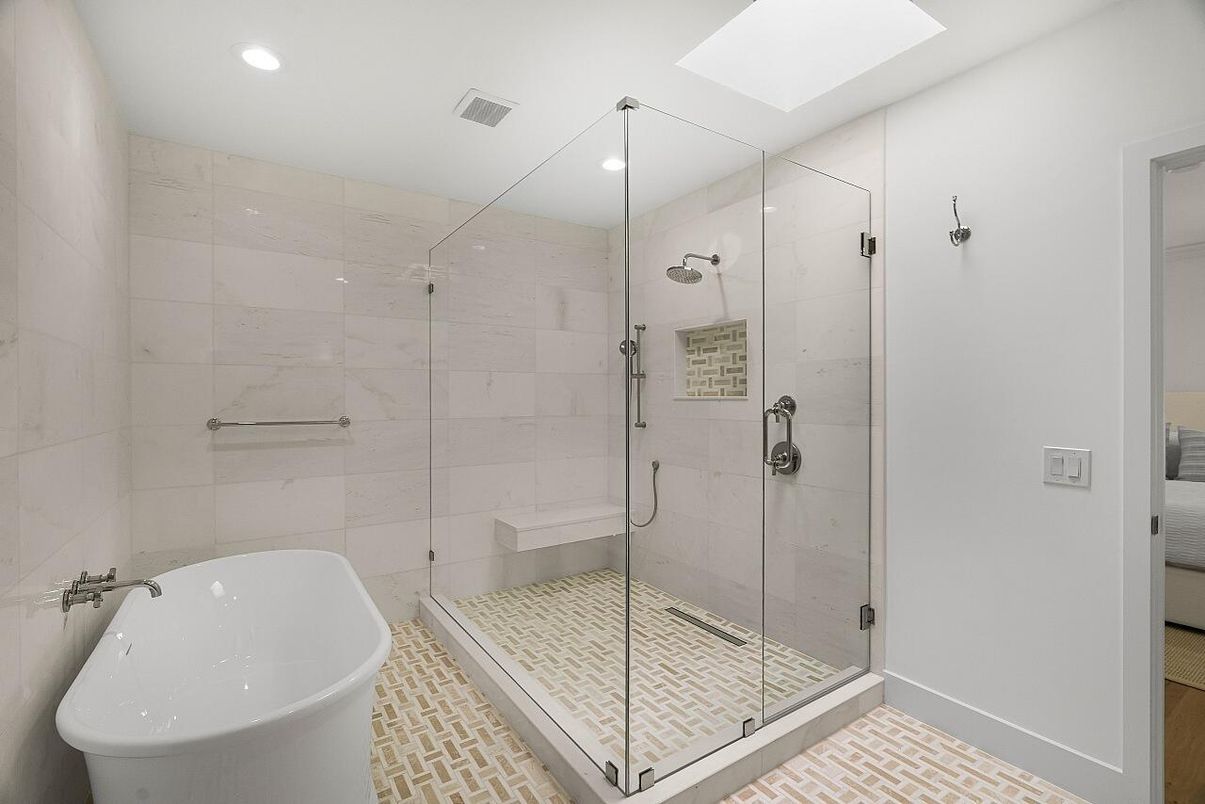 Bathroom, Free Standing Baths, Glass Shower, Interior, Recessed Lighting