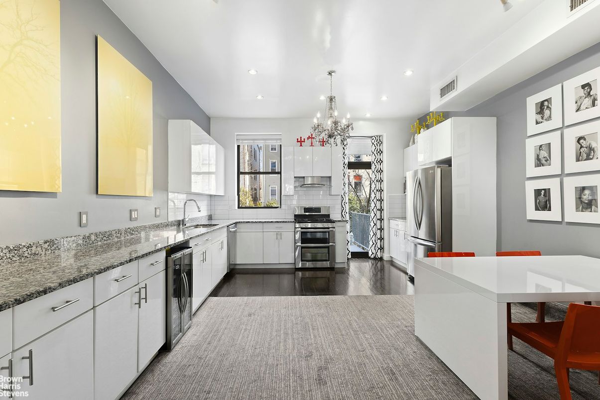 Chandelier, Interior, Kitchen, Recessed Lighting, Stainless Steel Appliances, Wood Texture Flooring