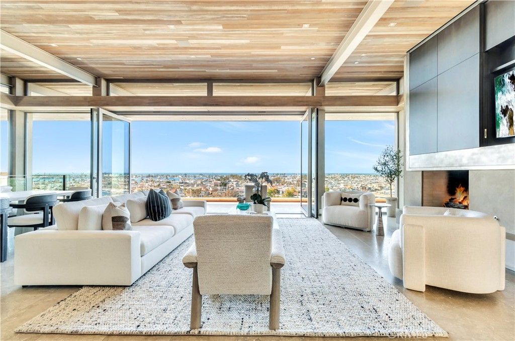 Fireplace, Interior, Living room, Recessed Lighting, Water, Wooden Ceilings, Wood Texture Flooring