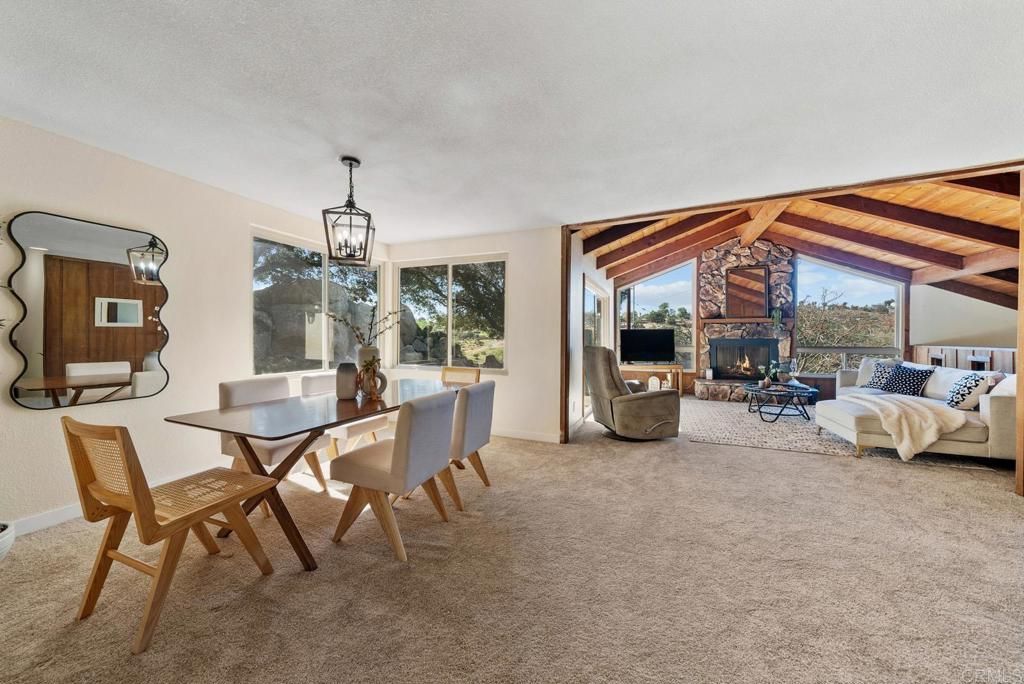 Bedroom, Dining room, Fireplace, Interior, Living room, Pendant Lights, Wooden Beams, Wooden Ceilings