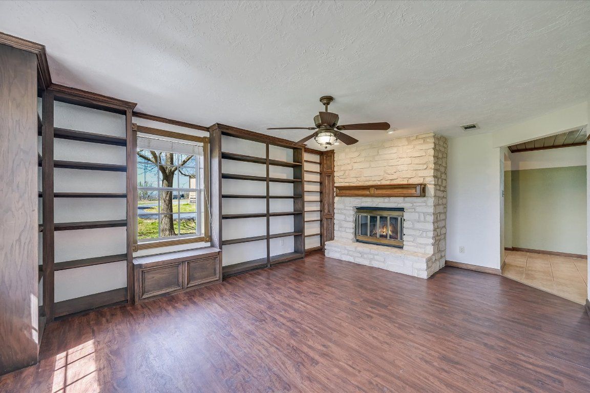 Empty room, Fireplace, Interior, Stone Walls, Wood Texture Flooring