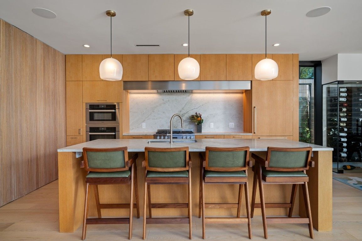 Interior, Kitchen, Pendant Lights, Recessed Lighting, Stainless Steel Appliances, Wine Storage, Wood Texture Flooring