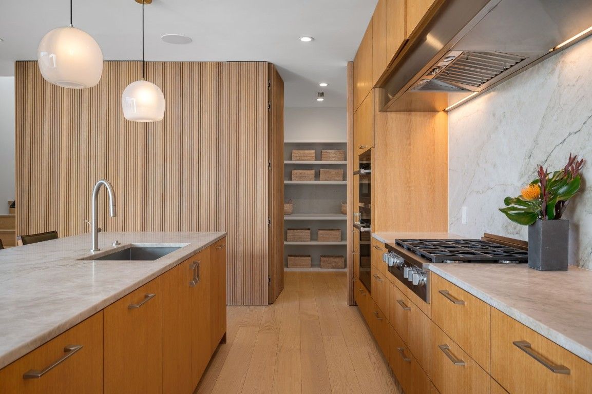 Interior, Kitchen, Pendant Lights, Recessed Lighting, Stainless Steel Appliances, Wood Texture Flooring