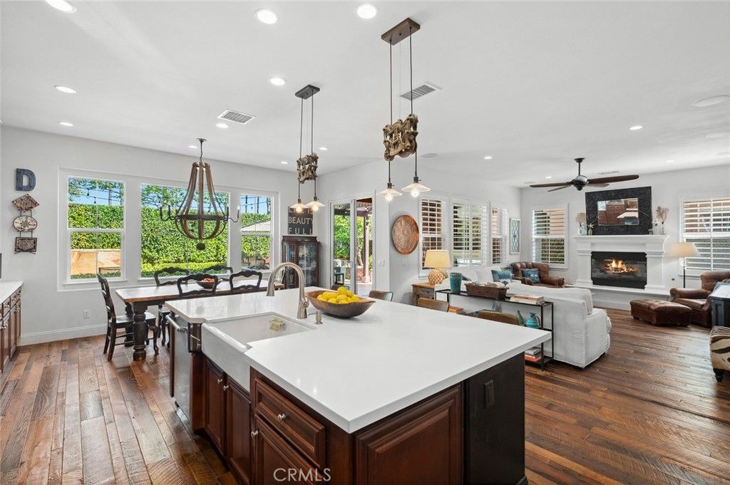 Dining room, Fireplace, Interior, Kitchen, Living room, Pendant Lights, Recessed Lighting, Wood Texture Flooring