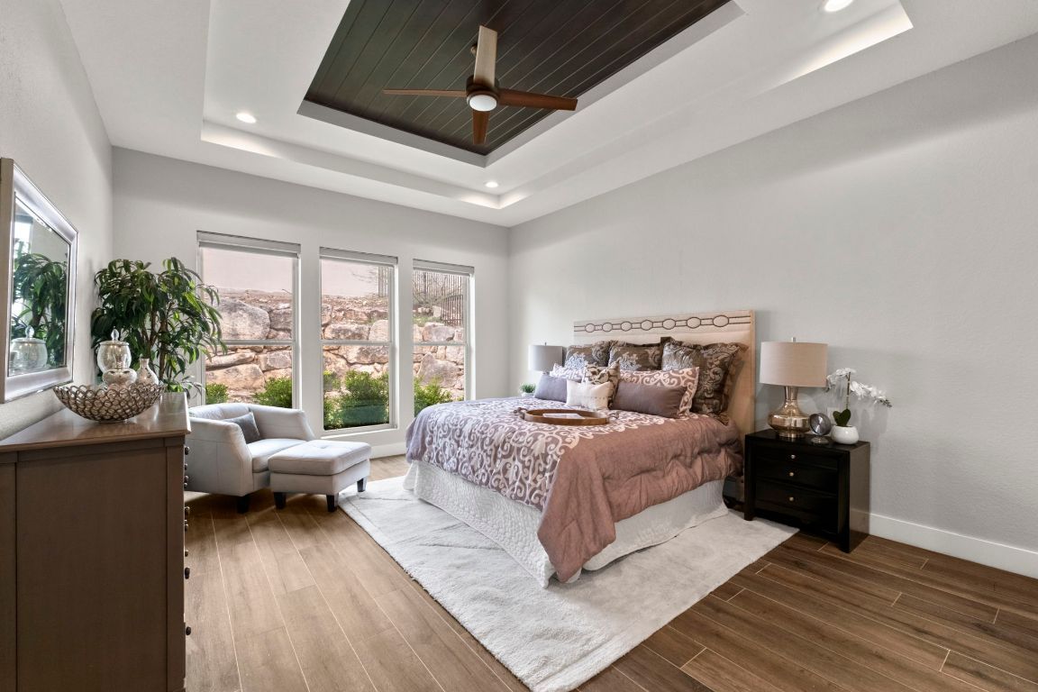 Bedroom, Interior, Recessed Lighting, Wood Texture Flooring