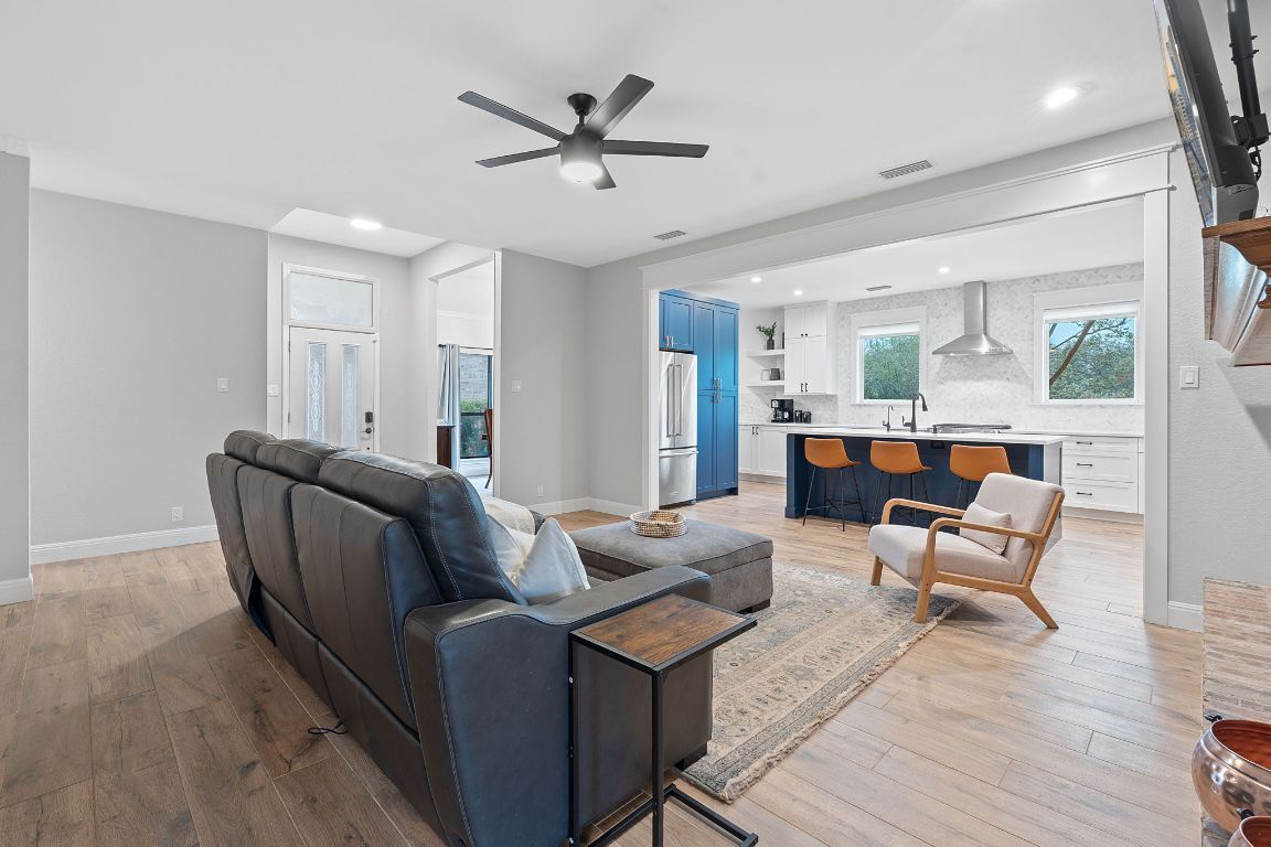 Interior, Kitchen, Living room, Recessed Lighting, Stainless Steel Appliances, Wood Texture Flooring
