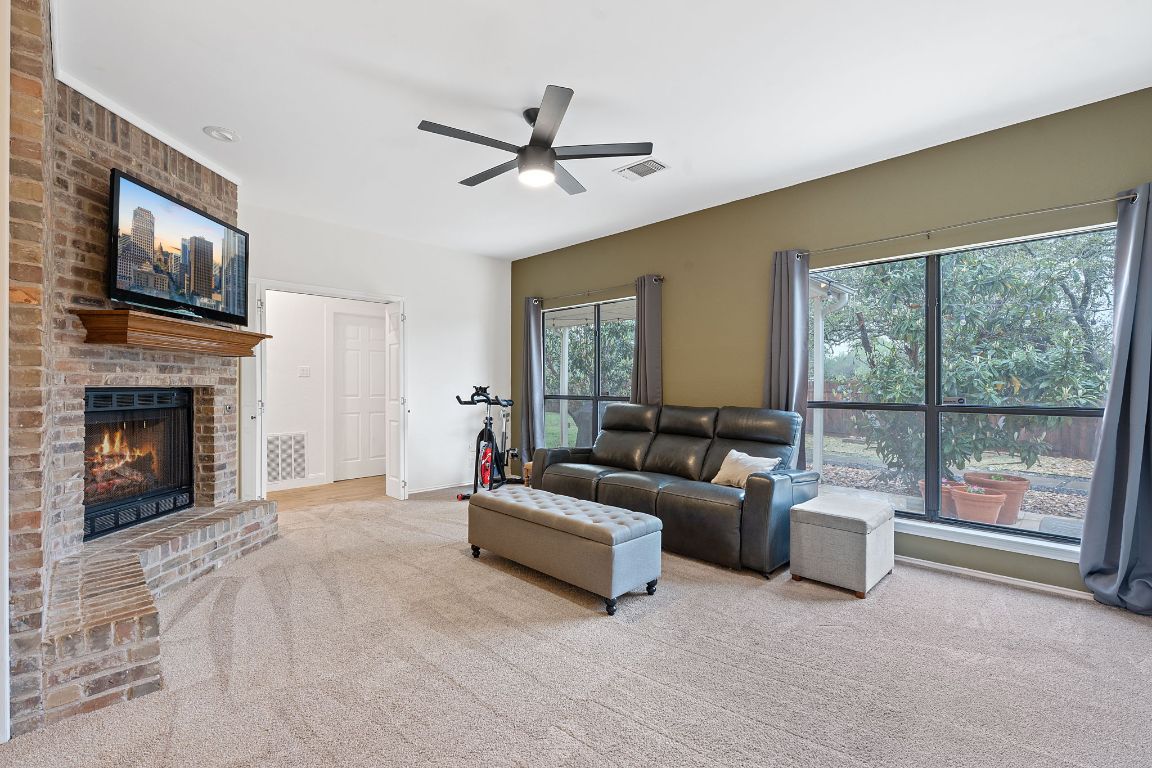 Fireplace, Fitness Equipment, Interior, Living room, Stone Walls