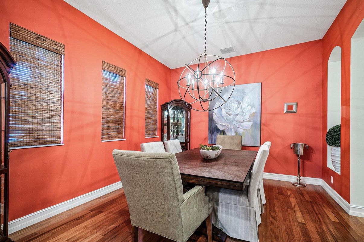 Dining room, Interior, Pendant Lights, Wood Texture Flooring