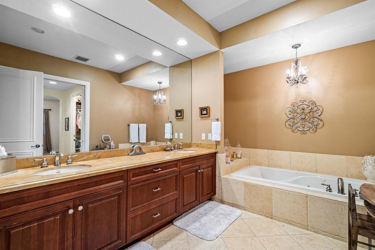 Bathroom, Chandelier, Dual Sink Vanities, Interior, Recessed Lighting