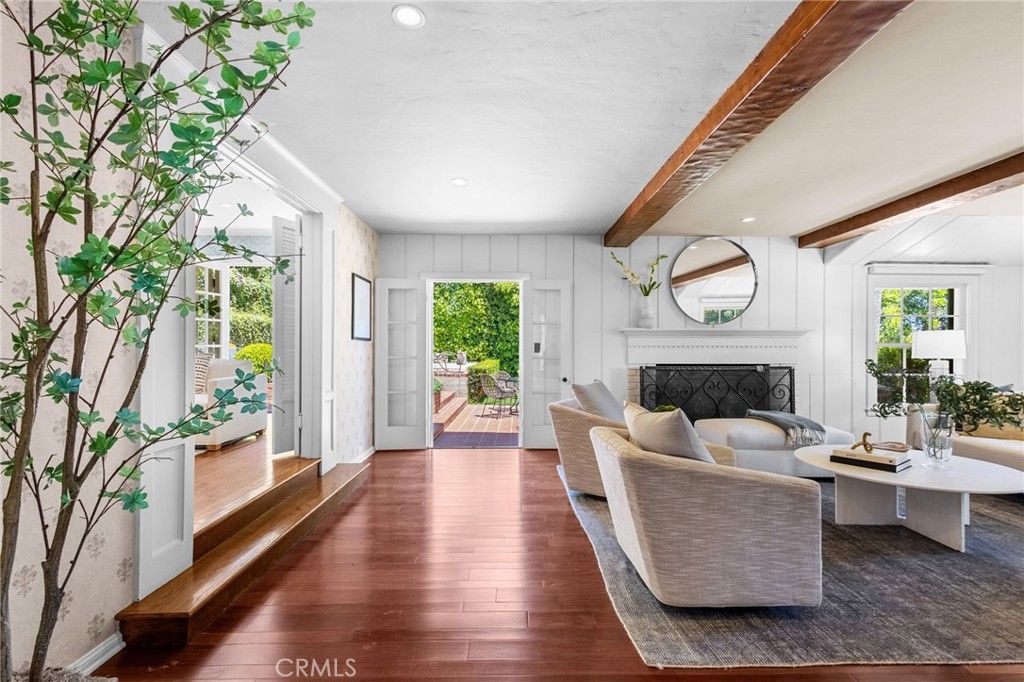 Fireplace, Interior, Living room, Recessed Lighting, Wooden Beams, Wood Texture Flooring