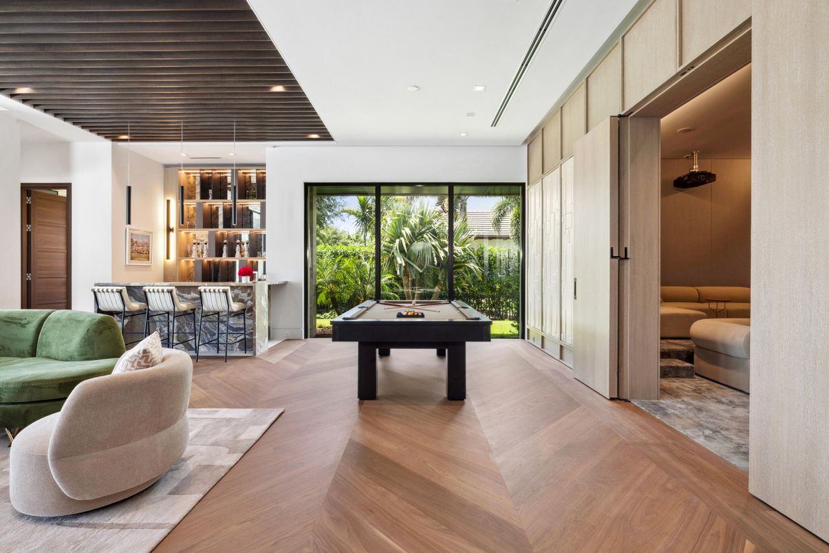 Billiard Table, Game Room, Interior, Recessed Lighting, Wood Texture Flooring