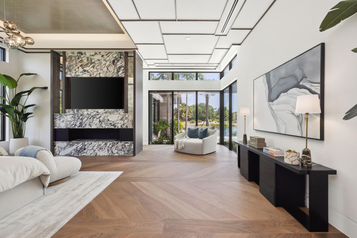 Fireplace, Interior, Pendant Lights, Recessed Lighting, Wood Texture Flooring