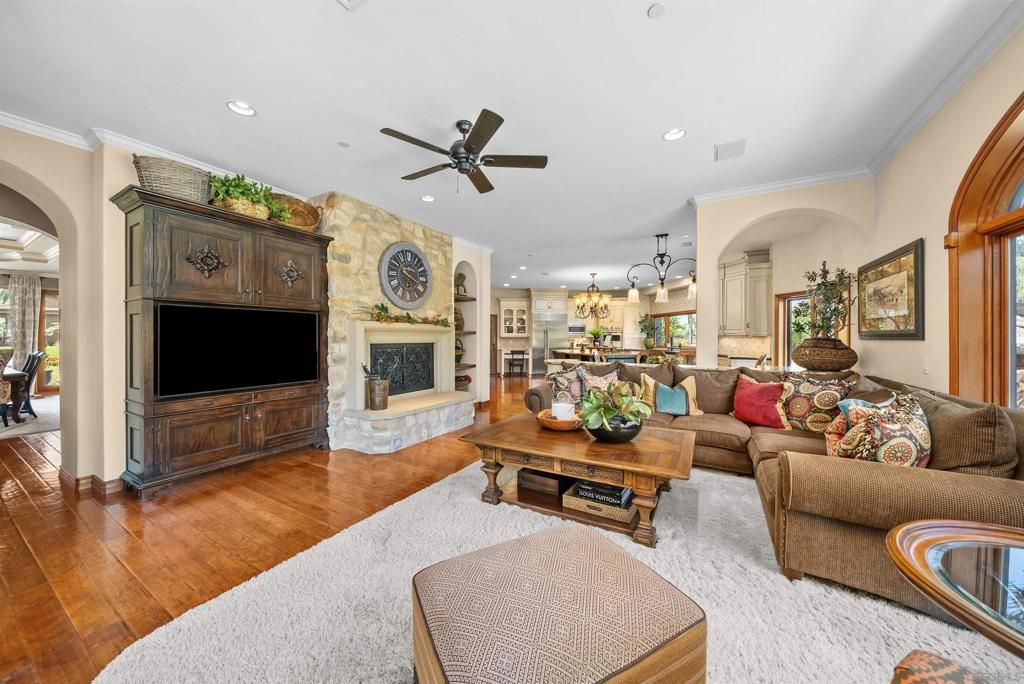 Fireplace, Interior, Kitchen, Living room, Recessed Lighting, Stone Walls, Wood Texture Flooring