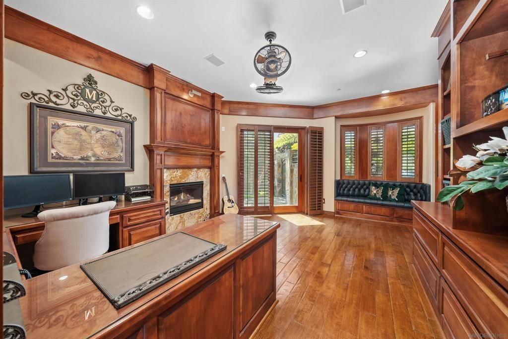 Fireplace, Home Office, Interior, Recessed Lighting, Wood Texture Flooring