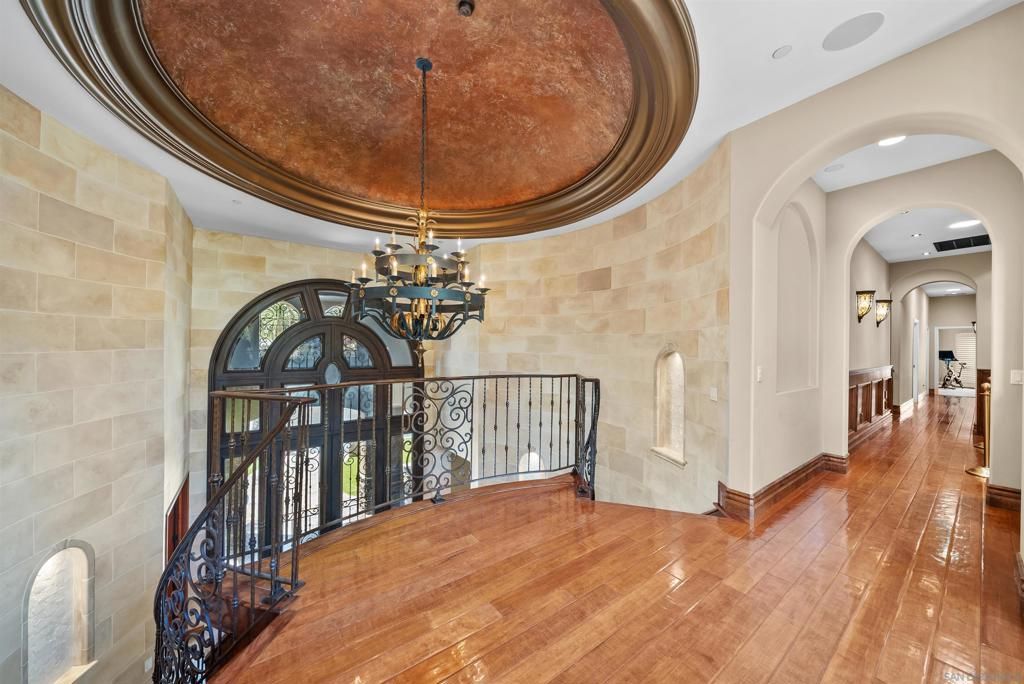 Chandelier, Interior, Recessed Lighting, Stone Walls, Wood Texture Flooring