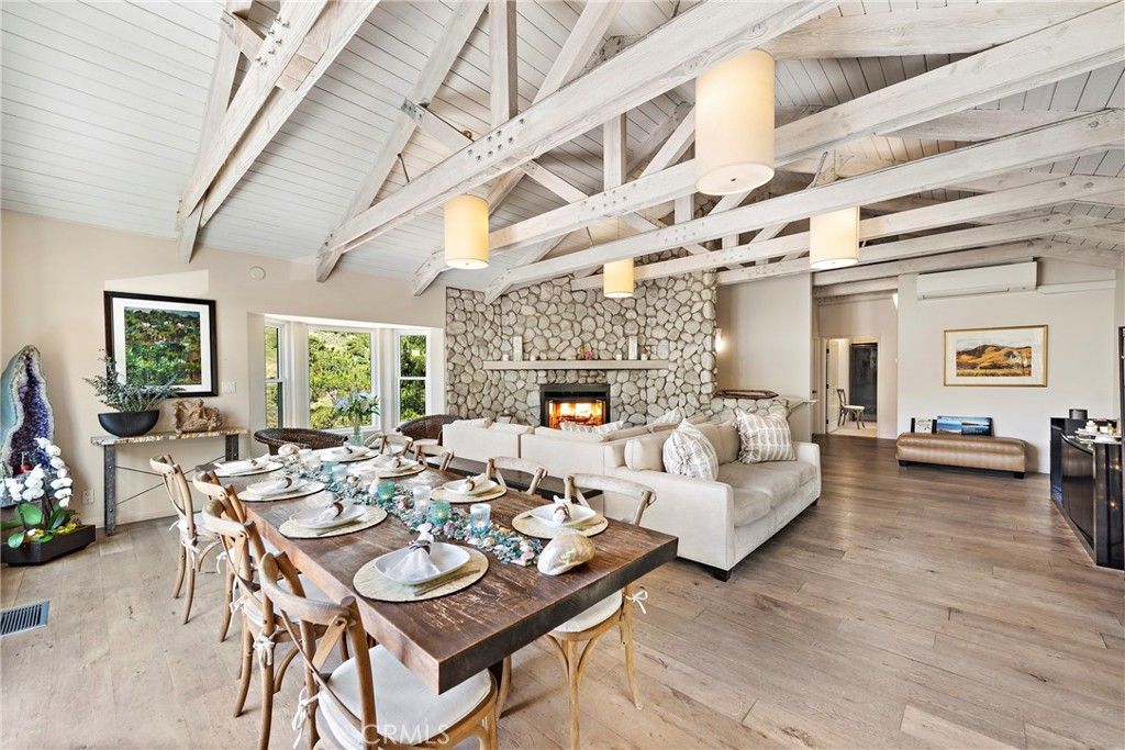 Dining room, Fireplace, Interior, Living room, Stone Walls, Wood Texture Flooring