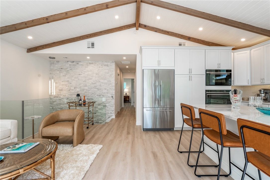 Interior, Kitchen, Recessed Lighting, Stainless Steel Appliances, Stone Walls, Wooden Beams, Wood Texture Flooring