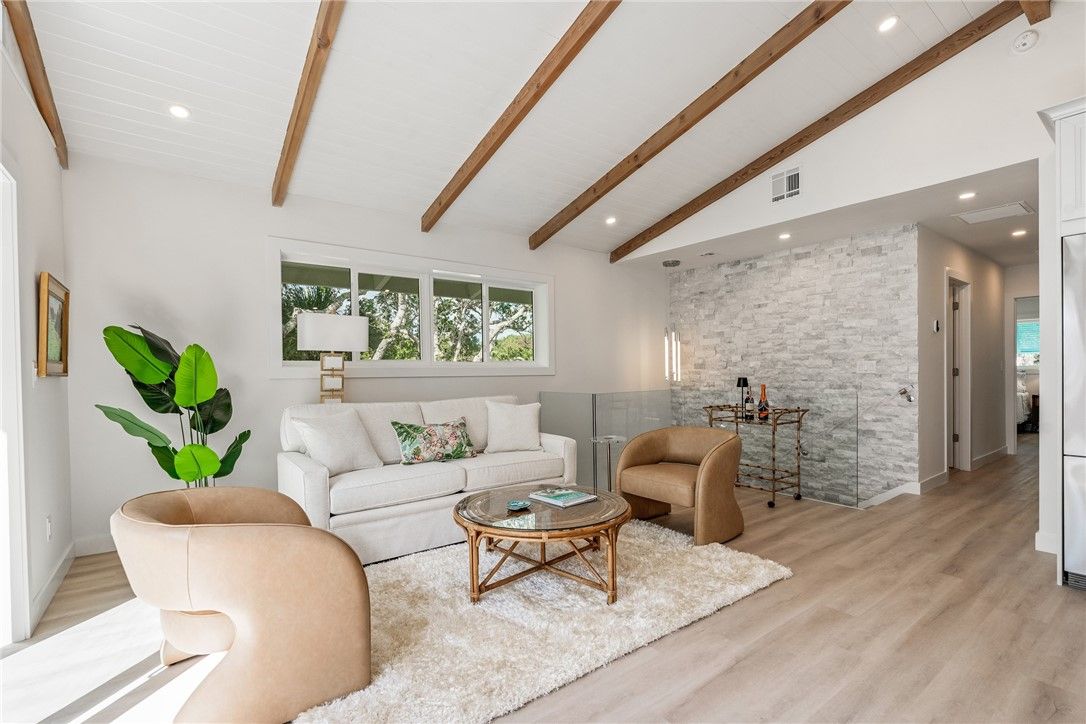 Interior, Living room, Recessed Lighting, Stone Walls, Wooden Beams, Wood Texture Flooring
