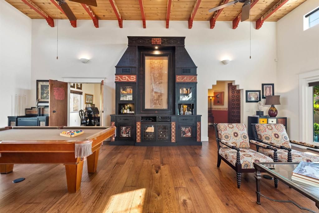 Billiard Table, Fireplace, Game Room, Interior, Wooden Beams, Wooden Ceilings, Wood Texture Flooring