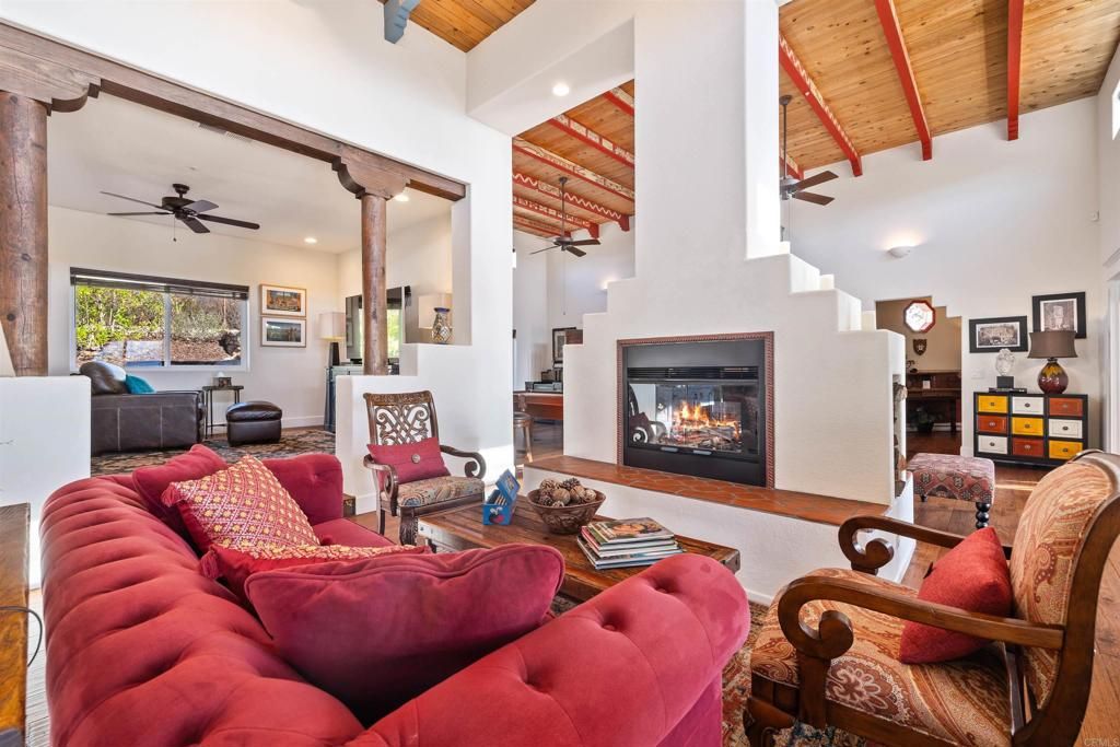 Fireplace, Interior, Living room, Recessed Lighting, Wooden Beams, Wooden Ceilings