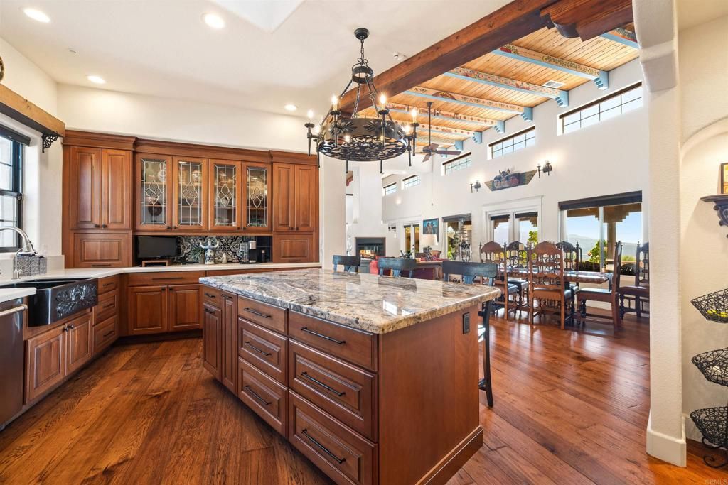 Chandelier, Dining room, Interior, Kitchen, Recessed Lighting, Wooden Beams, Wood Texture Flooring