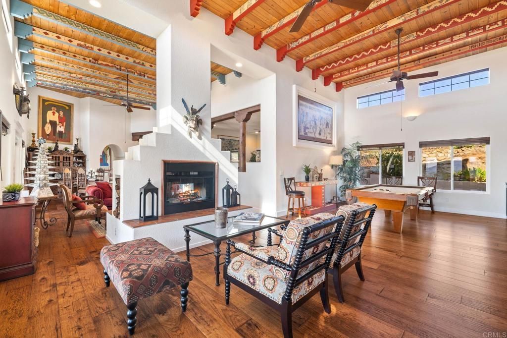 Billiard Table, Fireplace, Game Room, Interior, Living room, Recessed Lighting, Wooden Beams, Wooden Ceilings, Wood Texture Flooring