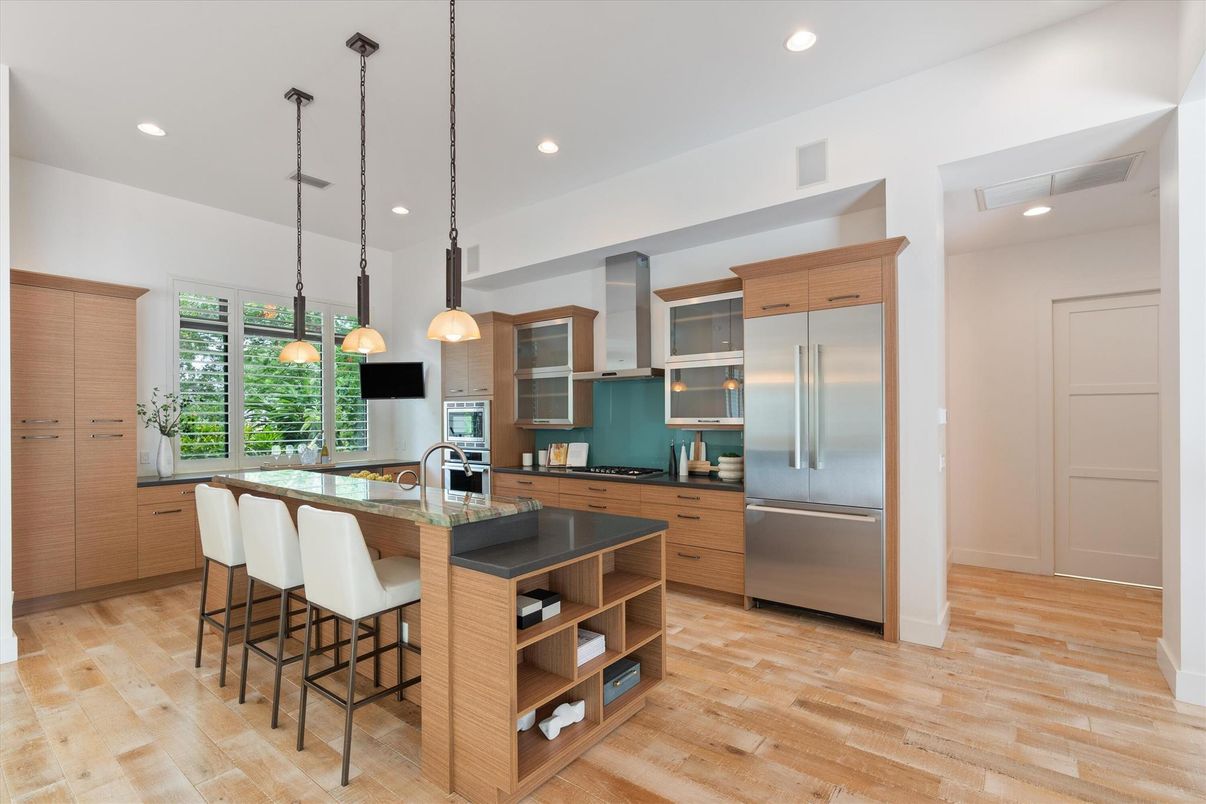 Interior, Kitchen, Pendant Lights, Recessed Lighting, Stainless Steel Appliances, Wood Texture Flooring