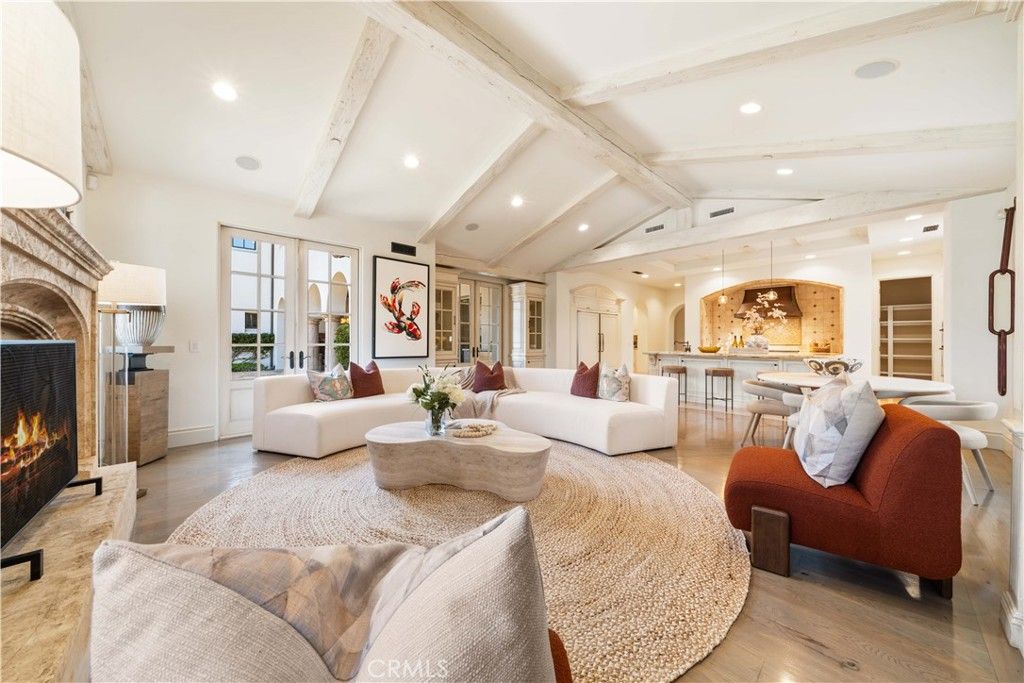 Dining room, Fireplace, Interior, Living room, Pendant Lights, Recessed Lighting, Wood Texture Flooring