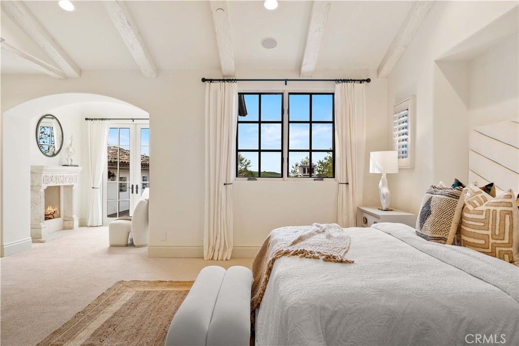 Bedroom, Fireplace, Interior, Recessed Lighting, Water, Wooden Beams