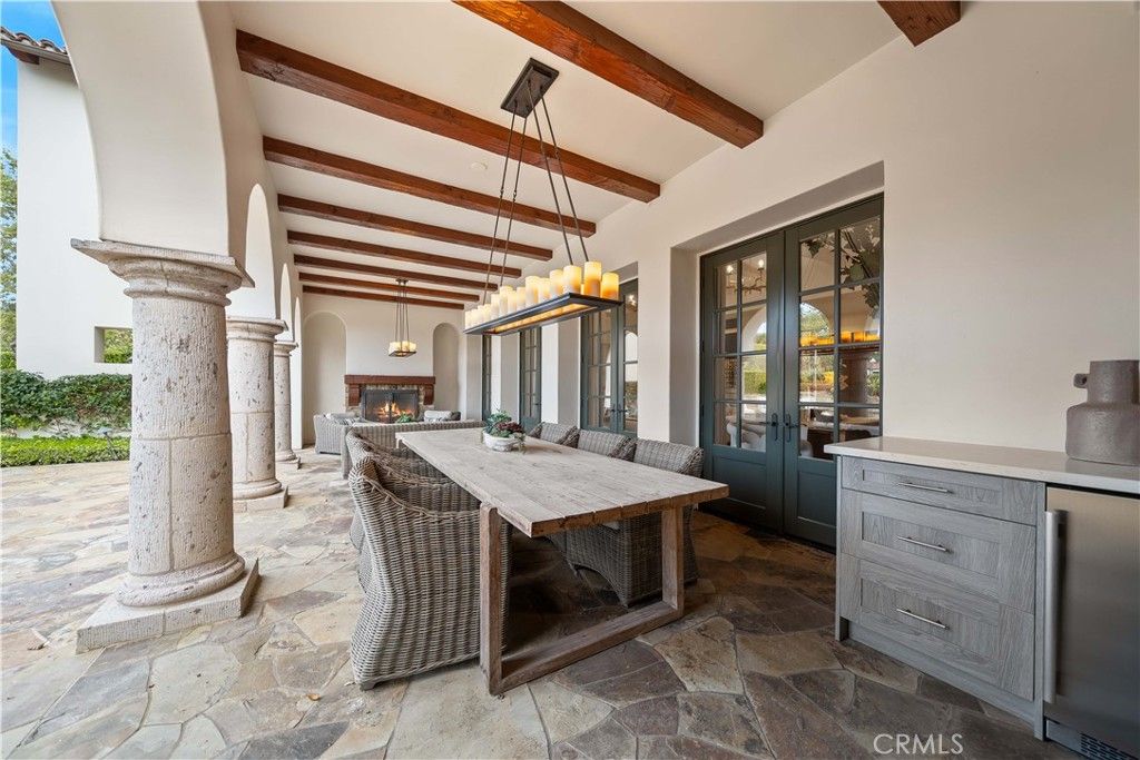 Exterior, Fireplace, Pendant Lights, Wooden Beams