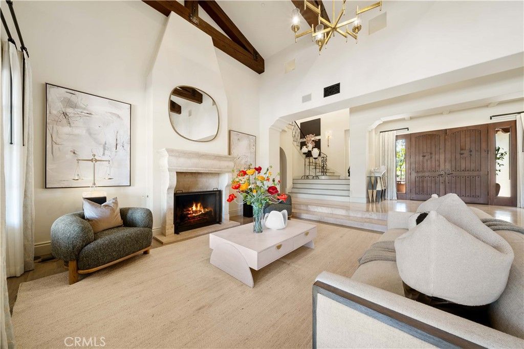Chandelier, Fireplace, Interior, Living room, Wooden Beams, Wood Texture Flooring