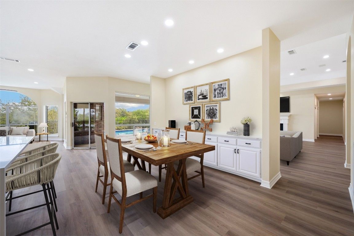 Dining room, Fireplace, Interior, Recessed Lighting, Wood Texture Flooring