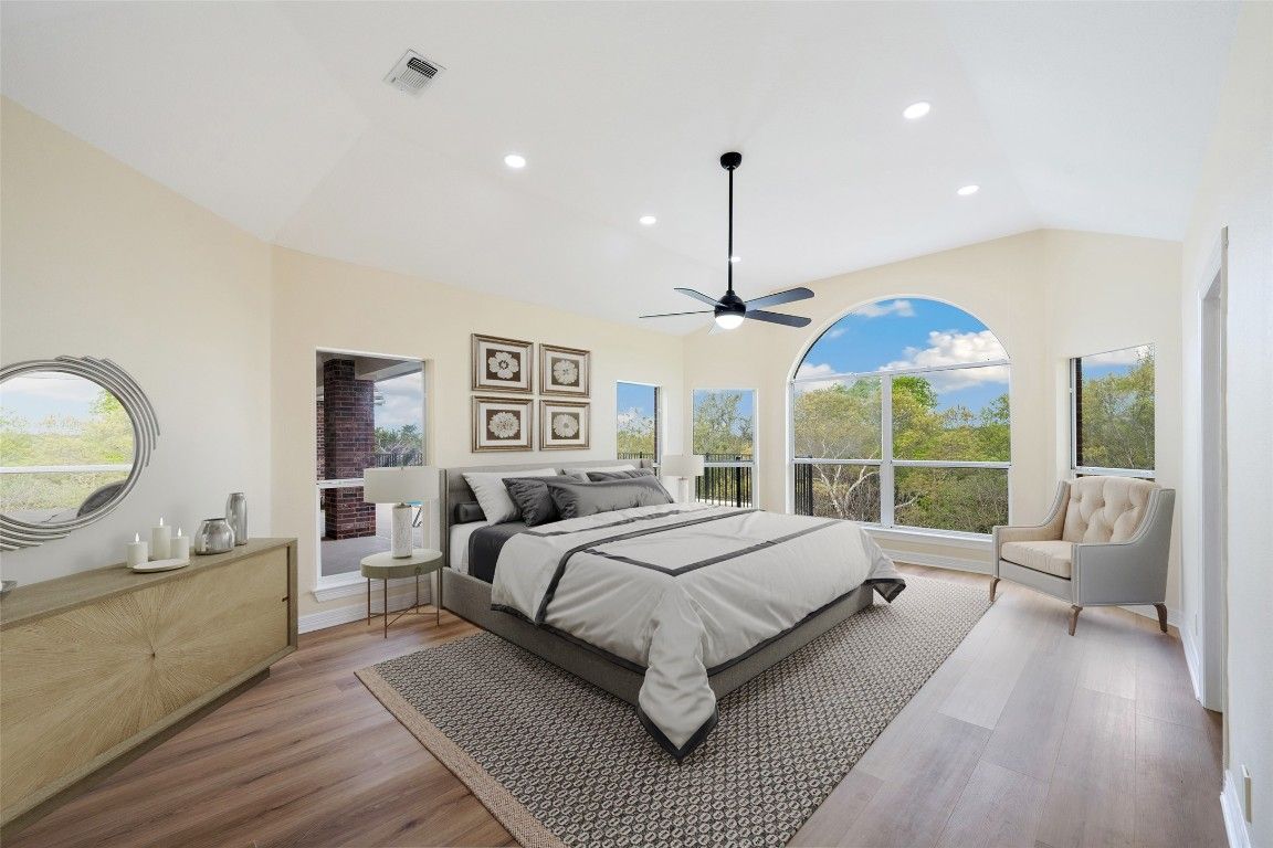 Bedroom, Interior, Recessed Lighting, Wood Texture Flooring