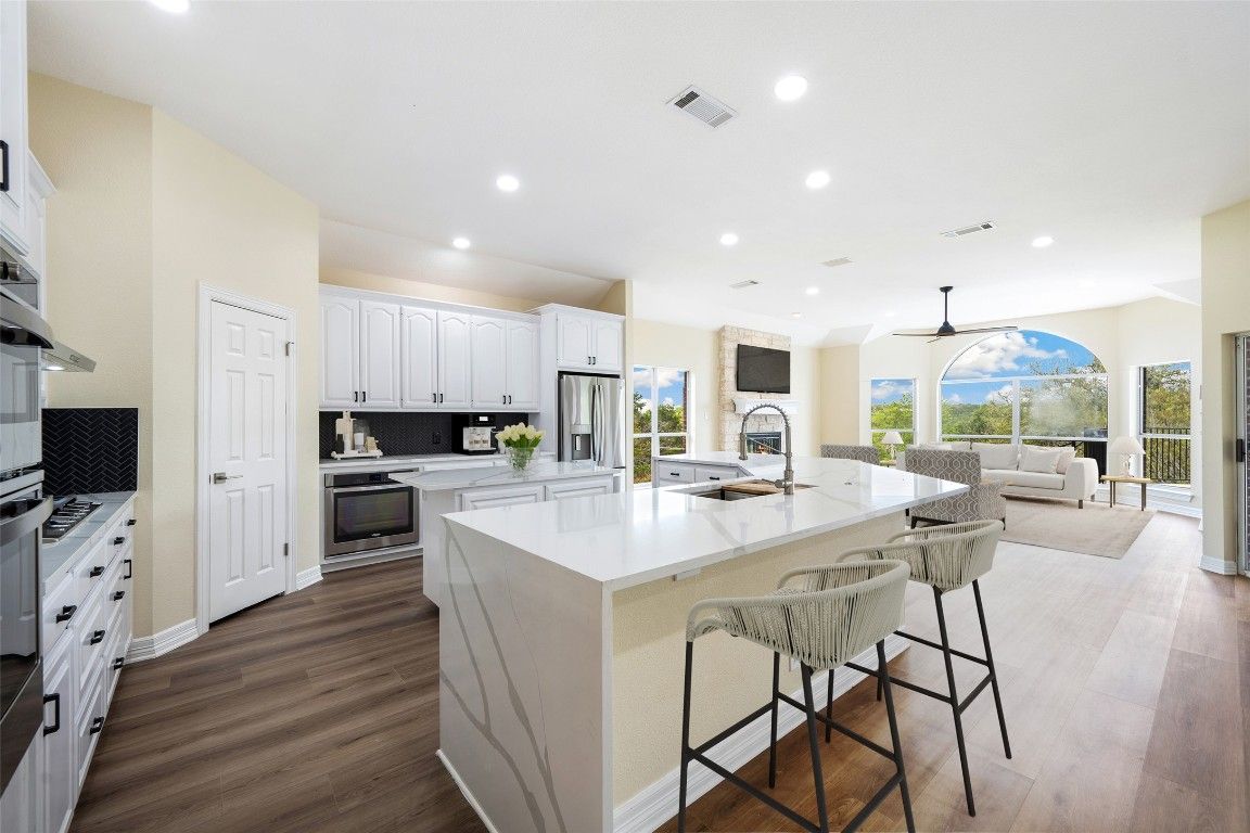 Interior, Kitchen, Living room, Recessed Lighting, Stainless Steel Appliances, Wood Texture Flooring