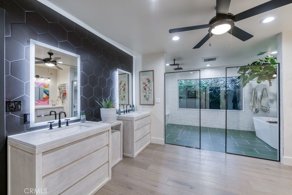 Bathroom, Dual Sink Vanities, Glass Shower, Interior, Recessed Lighting, Wood Texture Flooring