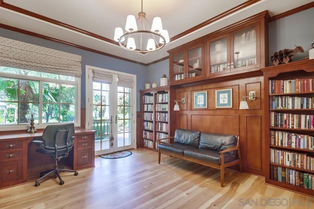 Chandelier, Home Office, Interior, Pendant Lights, Wood Texture Flooring, Wooden Walls