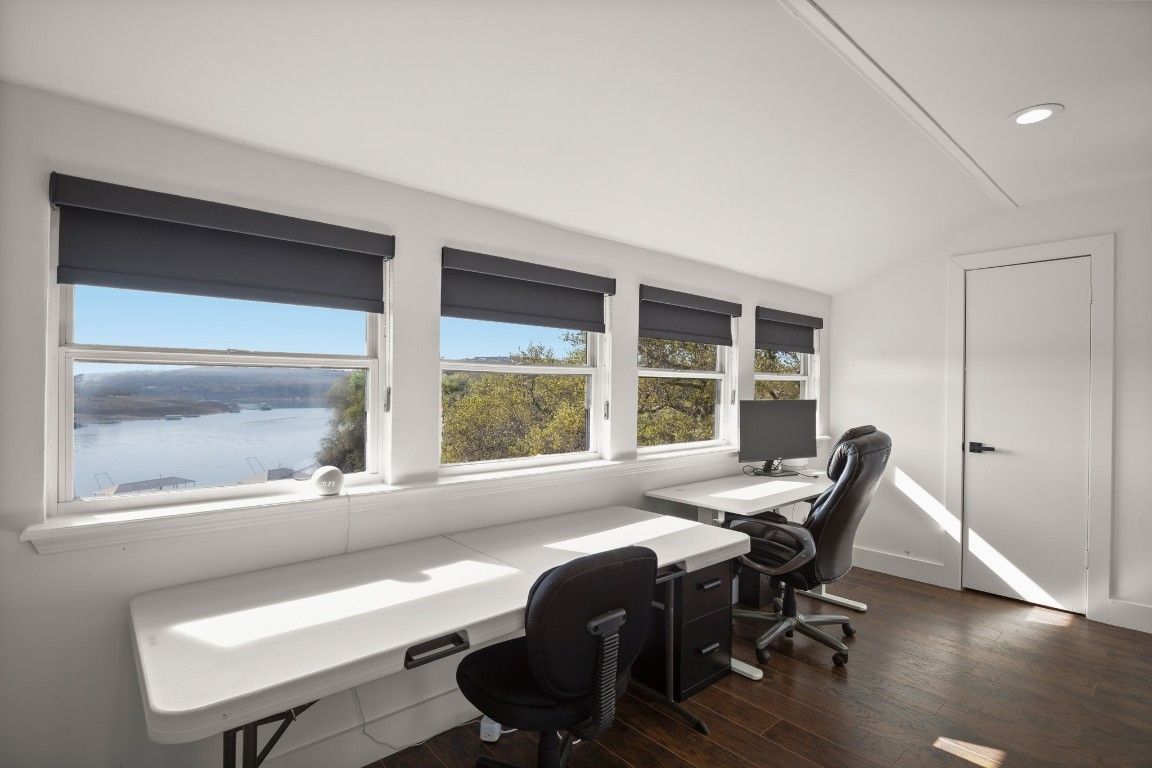 Home Office, Interior, Recessed Lighting, Water, Wood Texture Flooring