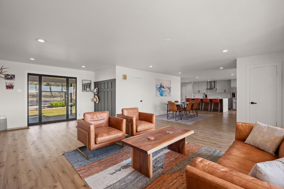 Dining room, Interior, Kitchen, Living room, Recessed Lighting, Wood Texture Flooring