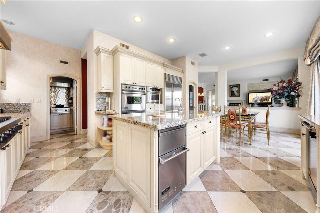 Dining room, Fireplace, Interior, Kitchen, Recessed Lighting, Stainless Steel Appliances