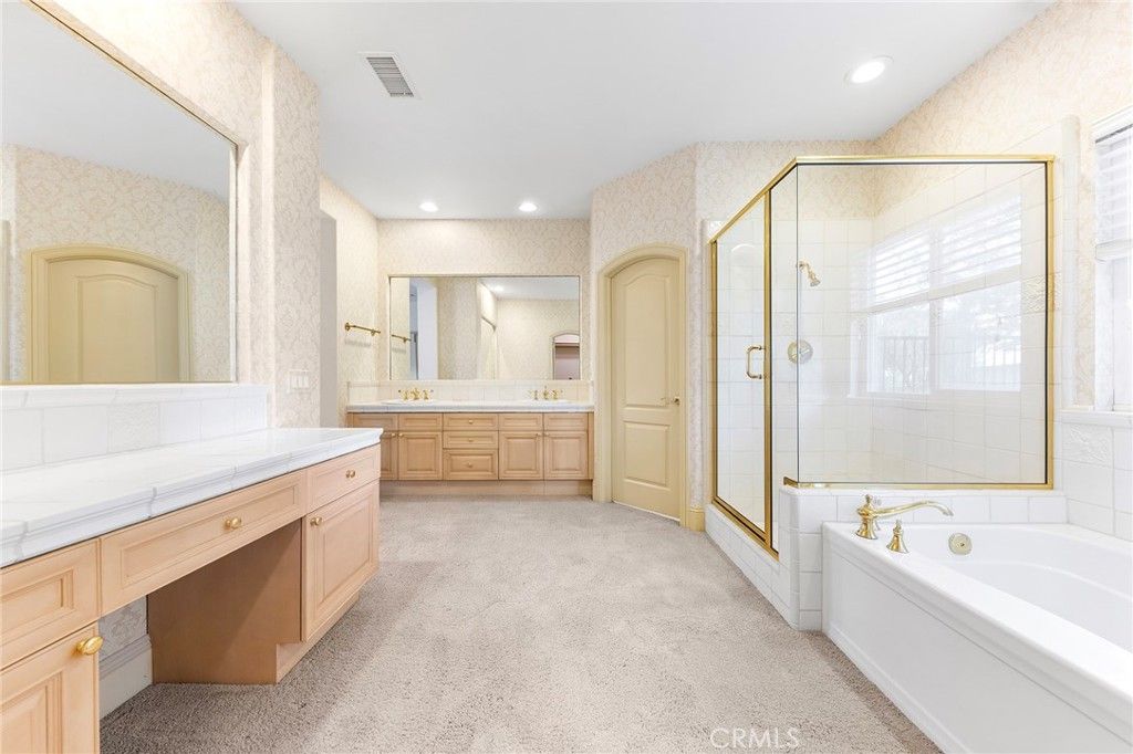 Bathroom, Dual Sink Vanities, Glass Shower, Interior, Recessed Lighting, Tile Countertops