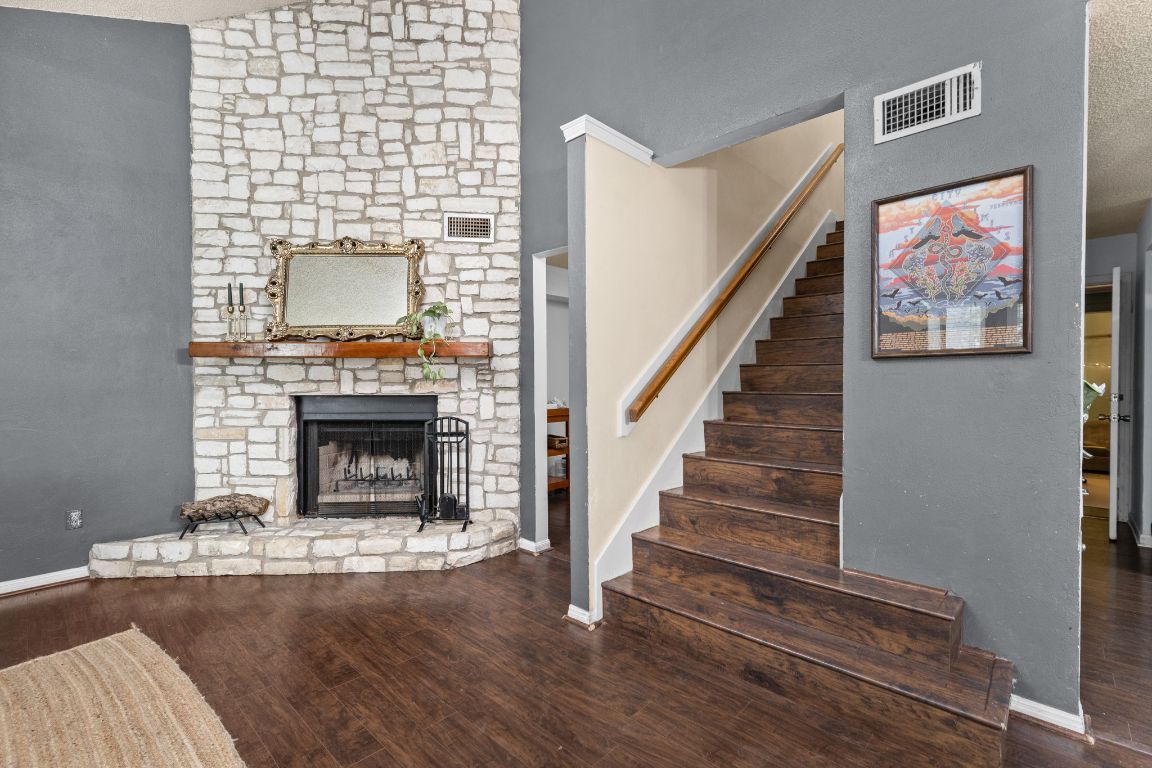 Fireplace, Interior, Stone Walls, Wood Texture Flooring