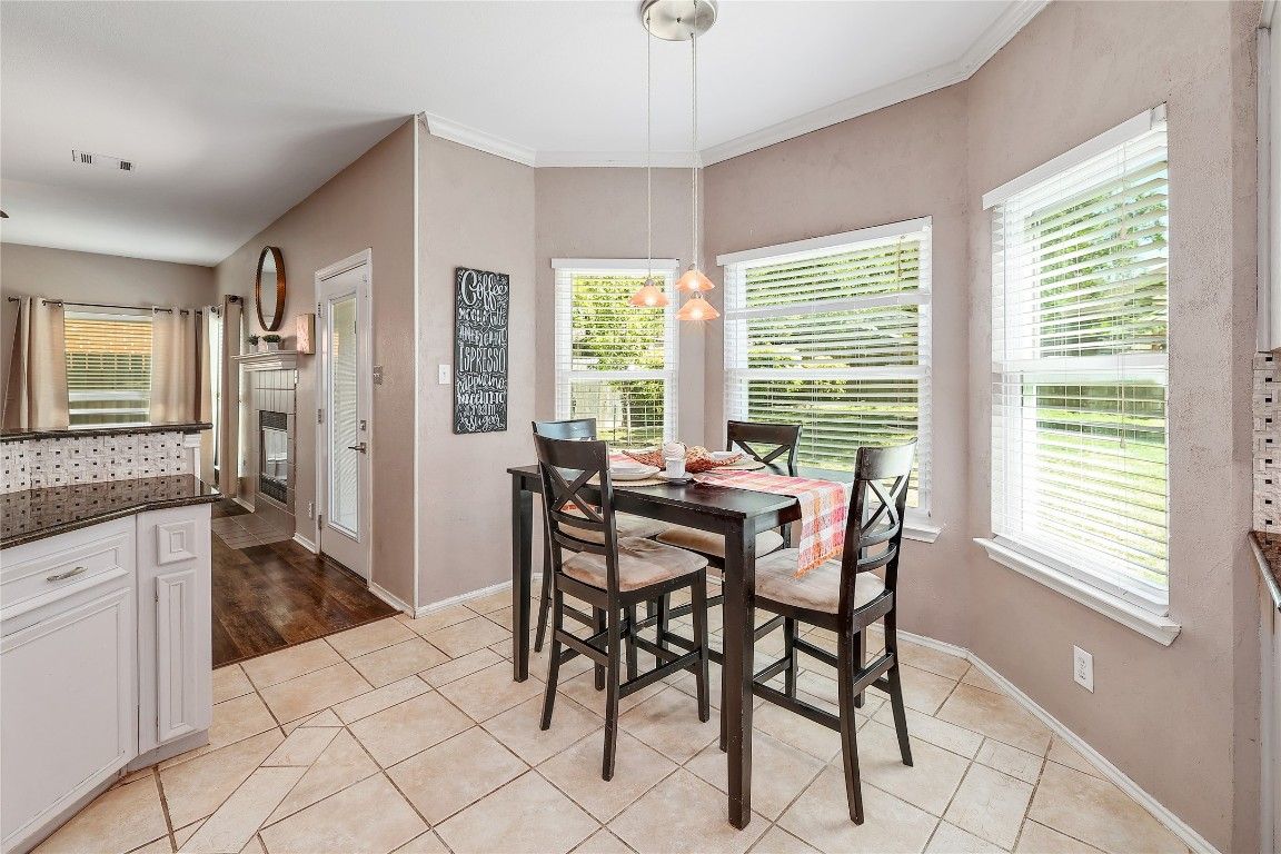 Dining room, Interior, Pendant Lights, Wood Texture Flooring