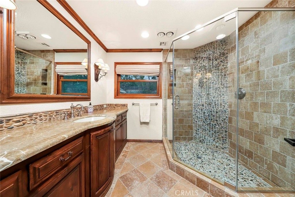 Bathroom, Glass Shower, Interior, Recessed Lighting, Stone Walls