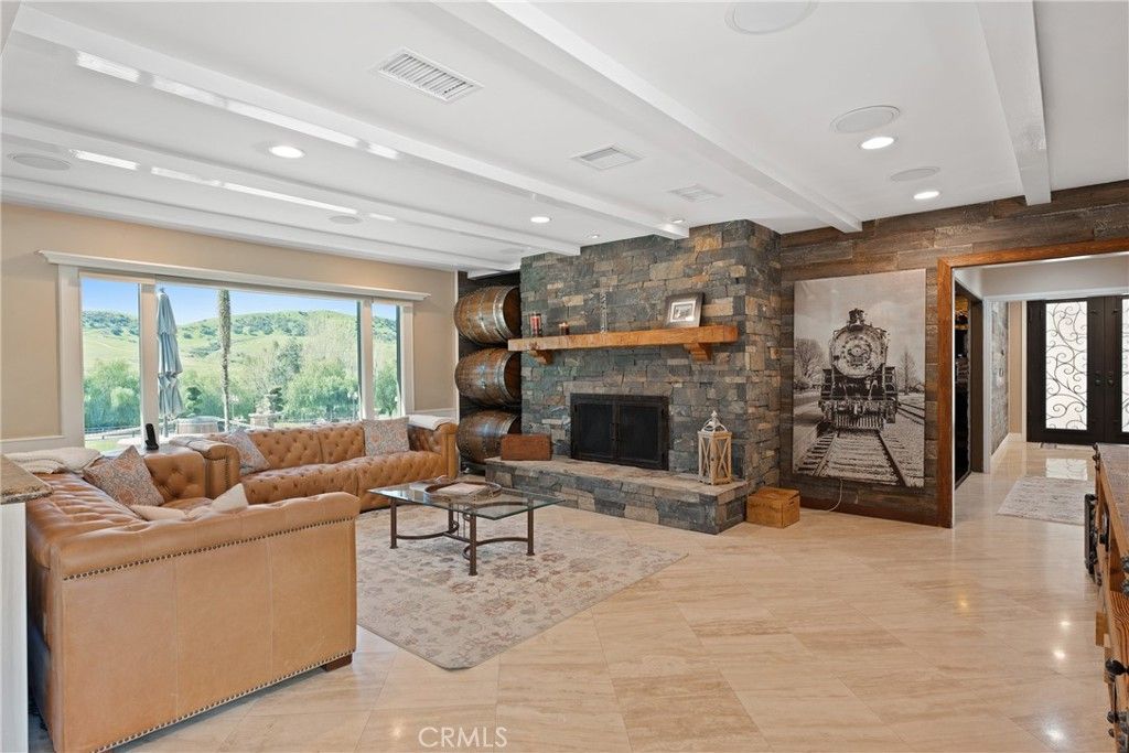 Fireplace, Interior, Living room, Recessed Lighting, Stone Walls