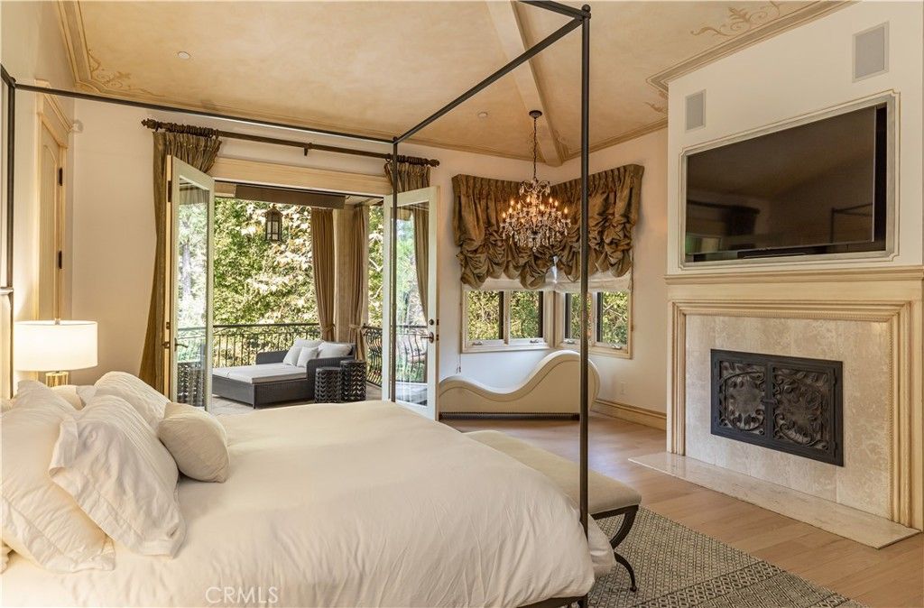 Bedroom, Chandelier, Fireplace, Interior, Wood Texture Flooring