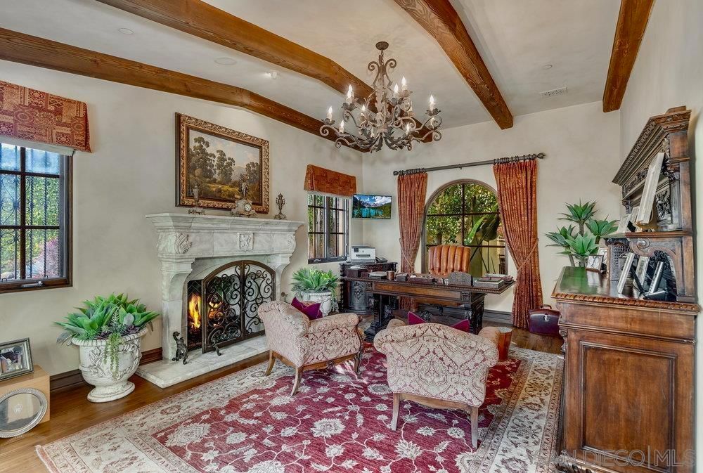 Chandelier, Fireplace, Home Office, Interior, Recessed Lighting, Wooden Beams, Wood Texture Flooring