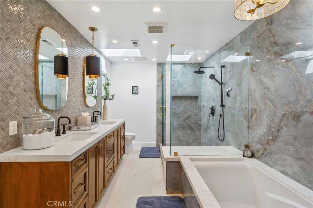Bathroom, Dual Sink Vanities, Glass Shower, Interior, Pendant Lights, Recessed Lighting