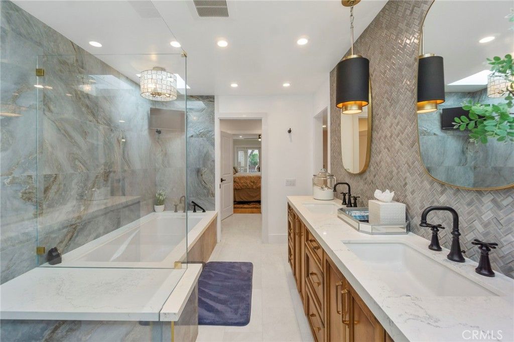 Bathroom, Dual Sink Vanities, Glass Shower, Interior, Pendant Lights, Recessed Lighting