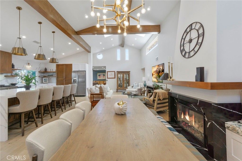 Dining room, Fireplace, Interior, Kitchen, Living room, Pendant Lights, Recessed Lighting, Wooden Beams, Wood Texture Flooring