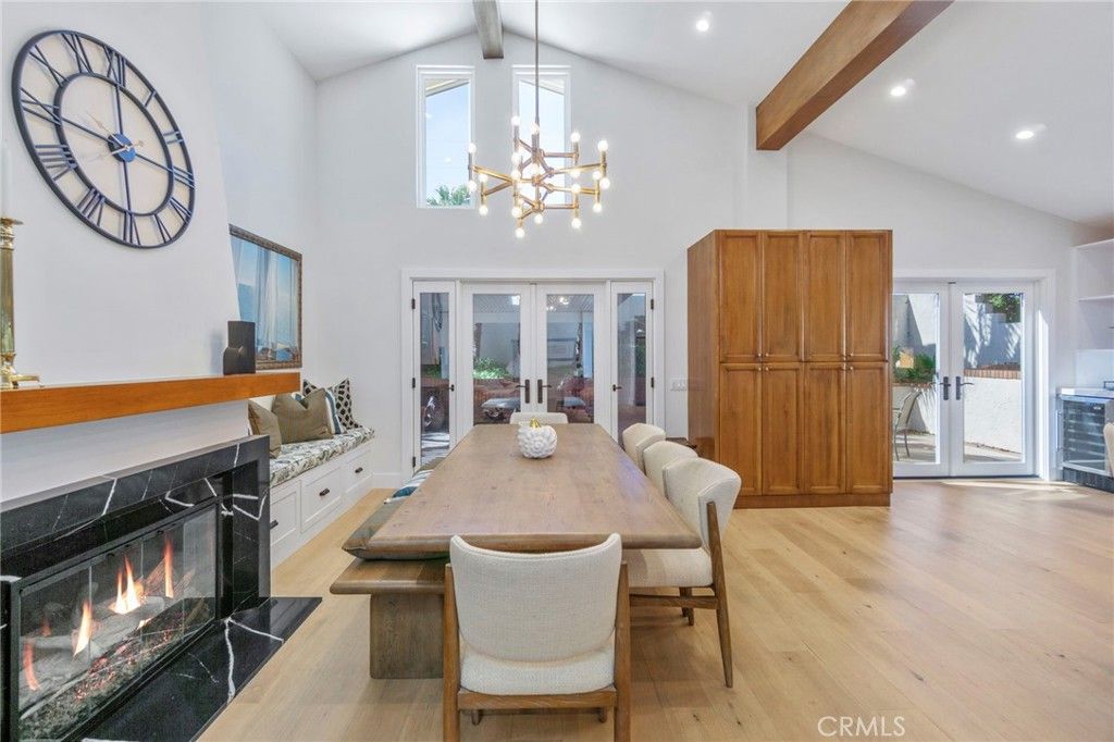 Chandelier, Dining room, Fireplace, Interior, Pendant Lights, Recessed Lighting, Wooden Beams, Wood Texture Flooring